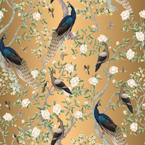中国风无缝图案与孔雀和花卉树木。向量。图片下载