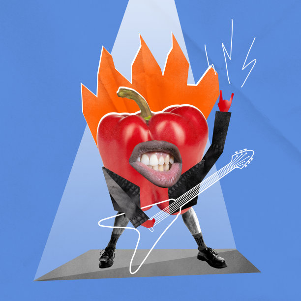 蔬菜，纸，穿着机车夹克，手里拿着吉他，在蓝色的背景上有火光。图片下载