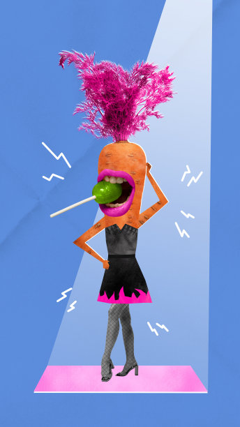 现代拼贴打扮时髦的胡萝卜与糖果和粉红色的发型在蓝色的背景与模仿光。图片下载