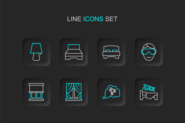 设置线时间睡觉，困倦，窗户与窗帘，眼罩，大床，和台灯图标。向量图片下载