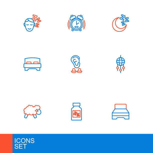 大床，安眠药，羊，带羽毛的捕梦网，耳塞和耳朵，月亮星星和闹钟图标。向量图片下载