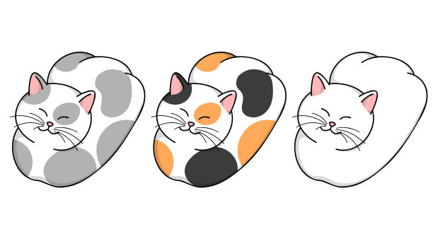 可爱的卡通彩色微笑睡觉的猫。矢量猫设置孤立的白色背景图片下载