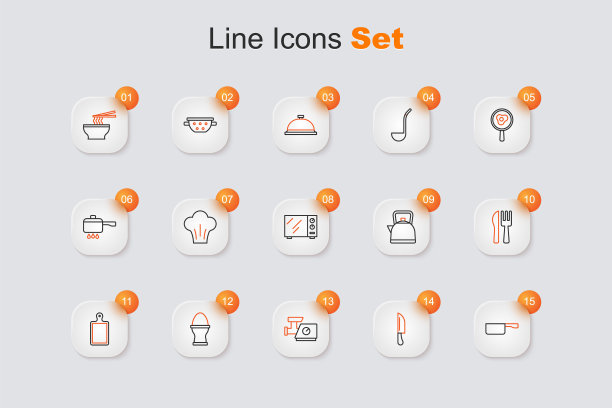 设煎锅，刀，厨房绞肉机，鸡蛋架，菜板，十字刀叉，带手柄的水壶和微波炉图标。向量图片下载