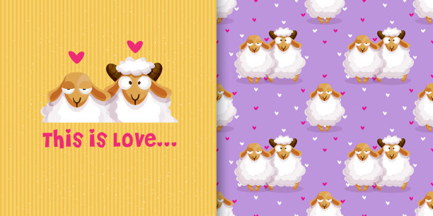 卡通风格的爱情概念。名片和抽象彩色无缝背景与可爱的羊与心。现代创意插画应用程序，网站，演示或设计。图片下载