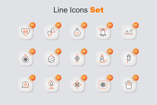 设置线圣诞雪人，雪花，树，球，烟花火箭，燃烧的蜡烛和糖果图标。向量图片下载