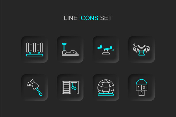 设线跳房子，游乐场攀登设备，瑞典墙，玩具马，摇摆车，跷跷板，保险杠和儿童游乐场滑管图标。向量图片下载