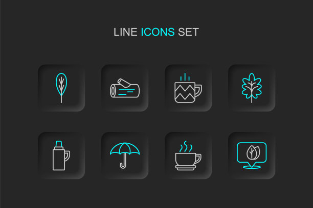 设置线位置与叶，咖啡杯，伞，保温瓶容器，叶，杯茶，原木和图标。向量图片下载