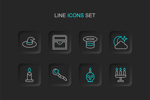 集线烛台，燃烧的蜡烛在头骨上，魔法手杖，月亮星星，帽子，古董宝箱和女巫图标。向量图片下载