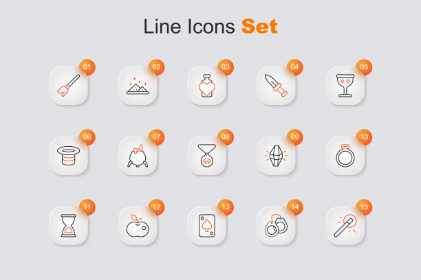 魔杖、手铐、扑克牌、毒苹果、旧沙漏、宝石戒指和带眼睛的奖章链图标设计，矢量素材图片下载