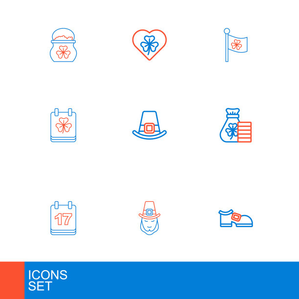 设定线妖精靴子，圣帕特里克日与日历，钱袋三叶草，帽子，爱尔兰国旗和心脏三叶草叶图标。向量图片下载