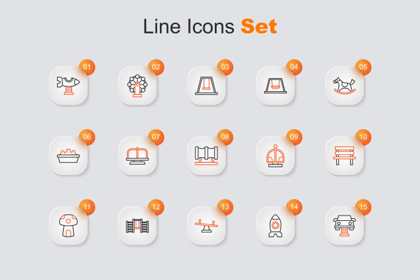 设线摇摆车，火箭船玩具，跷跷板，瑞典墙，蘑菇屋，长凳，吸引力旋转木马和儿童游乐场滑梯管图标。向量图片下载