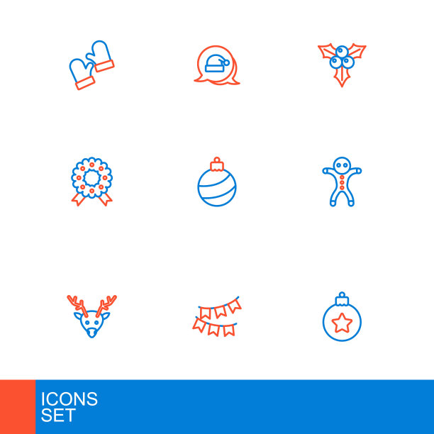 集线圣诞球，嘉年华花环与旗帜，驯鹿，节日姜饼人饼干，花圈，支部viburnum和圣诞老人帽子图标。向量图片下载