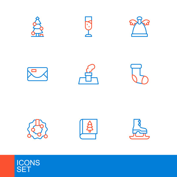 集线溜冰鞋，圣诞书，花环，长袜，信封，烟囱，天使和香槟图标的玻璃杯。向量图片下载