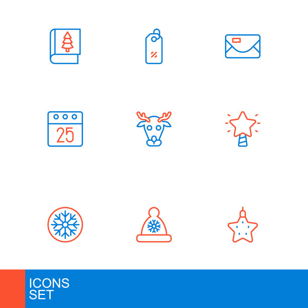 集线圣诞之星，圣诞老人帽子，雪花，天日历，驯鹿，信封和折扣百分比标签图标。向量图片下载