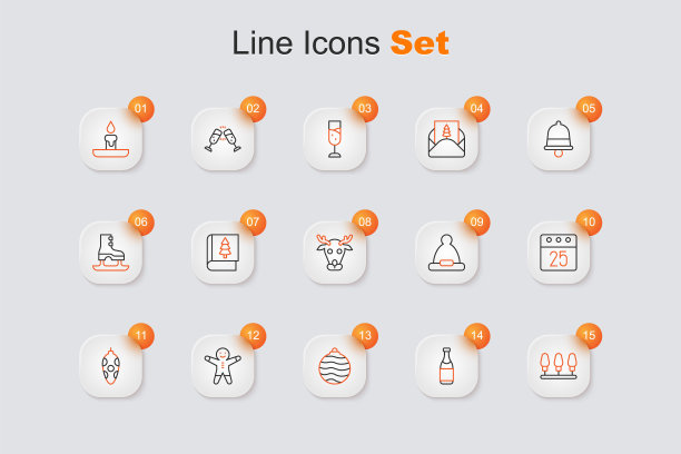 集线圣诞灯，香槟瓶，球，节日姜饼人饼干，玩具，日历，圣诞老人帽子和驯鹿图标。向量图片下载