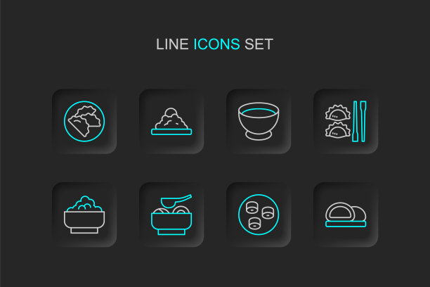 集线寿司，拉面汤碗，米饭，饺子与筷子，酱油，和图标。向量图片下载