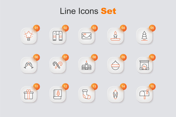 设置线邮箱，圣诞玩具，长袜，书，礼物，室内壁炉，球和教堂建筑图标。向量图片下载