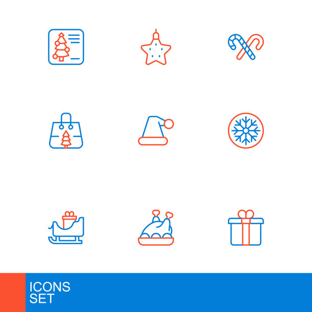 套装线礼品盒，烤火鸡，圣诞老人雪橇，雪花，购物袋，圣诞老人帽子，带条纹和星星图标的拐杖糖。向量图片下载