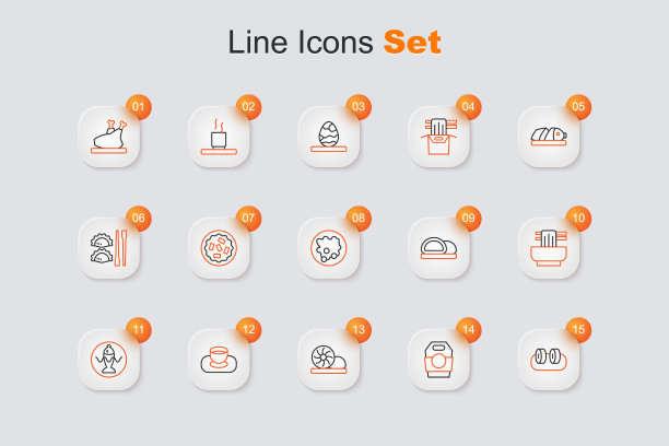 设线寿司，纸盒亚洲面，小笼包，酱油碗，鱼盘，米饭图标。向量图片下载