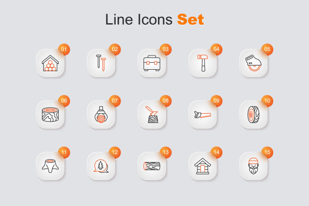 集线伐木工人，狗的房子，原木，树，树桩，戒指，手锯和斧头图标。向量图片下载