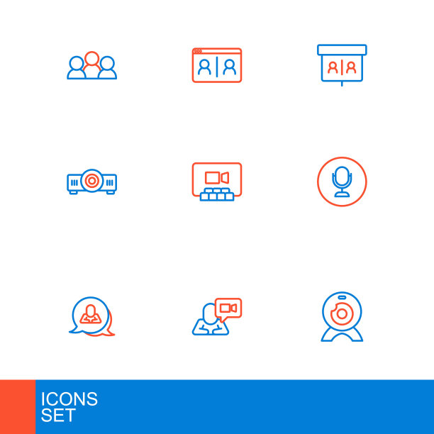 设置线路网络摄像头、视频聊天会议、语音泡泡、麦克风、电影、胶片、投影仪、图标。向量图片下载