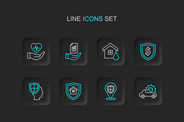 设置线汽车保险，位置盾牌，房子，生活，盾牌美元，洪水，合同手和图标。向量图片下载