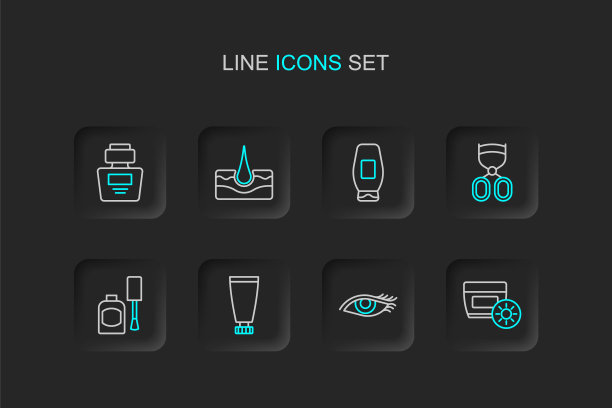 设置线防晒霜在管，女人的眼睛，面霜或乳液化妆品，瓶指甲油，睫毛夹，洗发水，人类毛囊和香水图标。向量图片下载