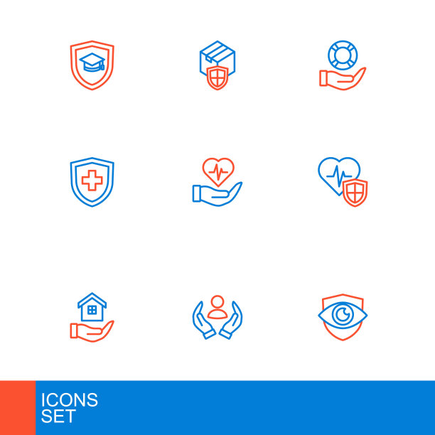 设置线路盾牌和眼睛，人寿保险，房屋手，盾牌，救生圈和交付安全图标。向量图片下载