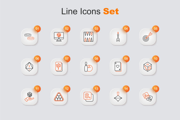 设定线宾果，旋转玩具，台球三角形，游戏骰子，扑克牌和保龄球瓶和图标。向量图片下载