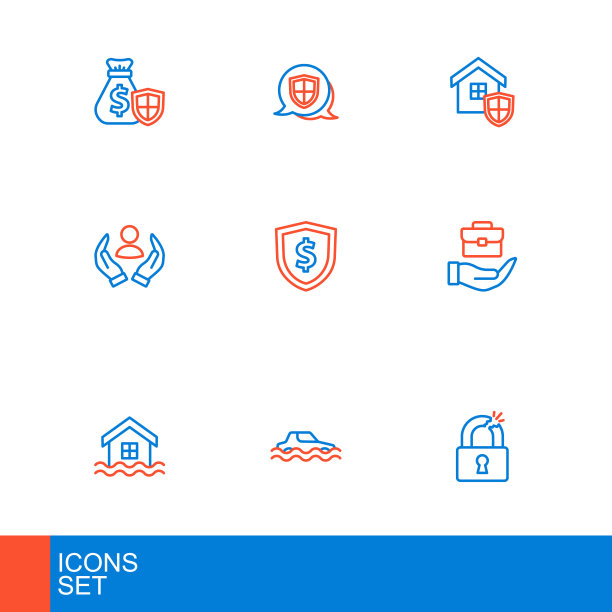 固定线破碎或破裂的锁，洪水汽车，房屋洪水，手提公文包，人寿保险，盾牌与美元，盾牌和图标。向量图片下载