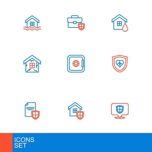 设置线路位置屏蔽，房子，合同，人寿保险，安全，洪水和公文包图标。向量图片下载