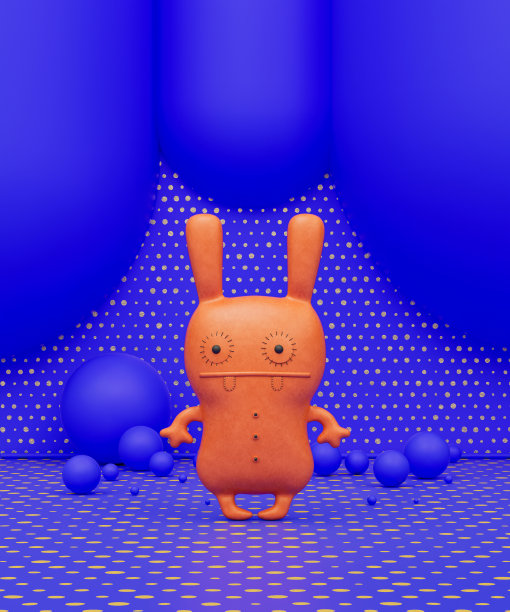 橙色布娃娃玩具在紫色的背景，儿童游乐场的对象，3d渲染图片下载