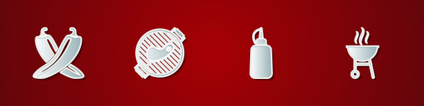 设置交叉辣椒豆荚，烧烤牛排，芥末瓶和图标。向量图片下载