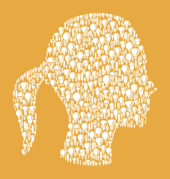 矢量灯泡图案背景上的女性轮廓图片下载