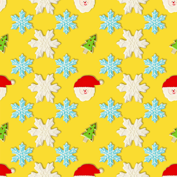 圣诞树，蓝色雪花和圣诞老人:圣诞饼干重复图案背景墙纸图片下载