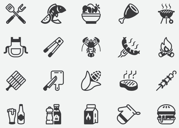 烧烤，烧烤，烧烤，烧烤，沙拉，食物，露营，户外，野餐，肉类像素完美的图标图片下载