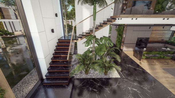 3d渲染昂贵舒适的室内与绿色的墙壁在晚上图片下载