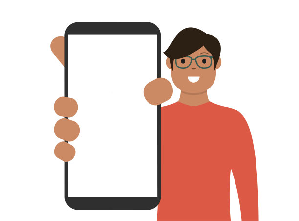 男子展示一个空白的智能手机屏幕。卡通矢量股票插图图片下载