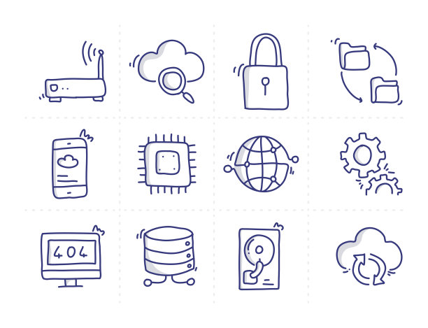 简单的一组云计算相关的涂鸦矢量线图标图片下载