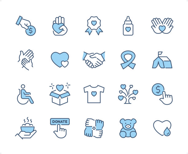 慈善和捐赠图标设置。可编辑的笔划粗细。完美的像素二色图标。图片下载