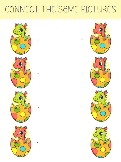 连接相同的图片游戏与卡通龙在蛋。可爱的龙的儿童游戏。矢量插图。图片下载