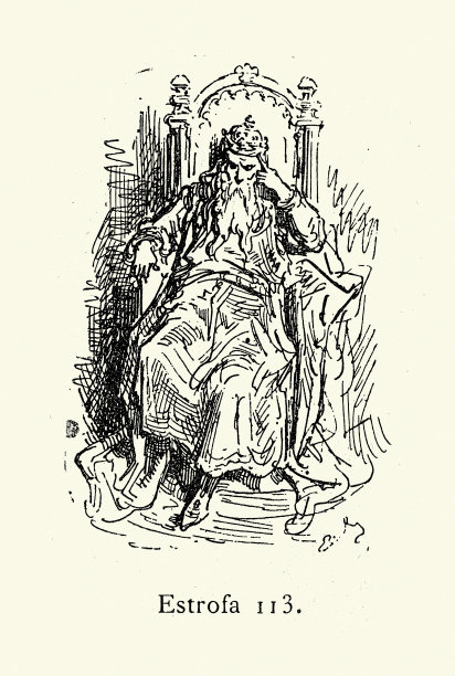 一幅中世纪国王坐在宝座上沉思的素描图片下载