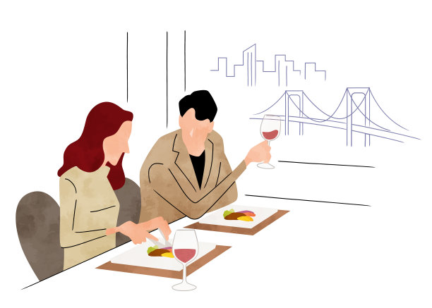 矢量插图材料:晚上吃饭的男人和女人图片下载