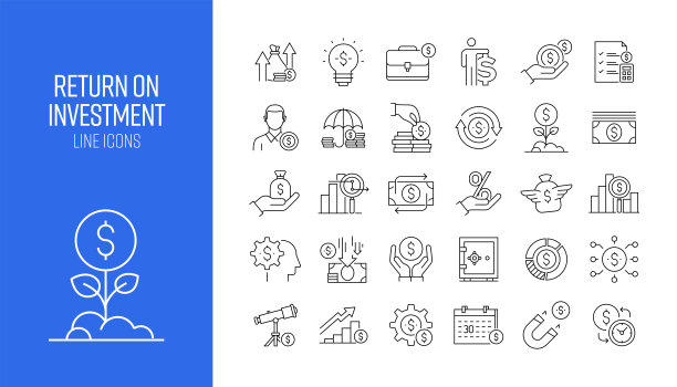 一套投资回报相关的线图标。大纲符号集合图片下载