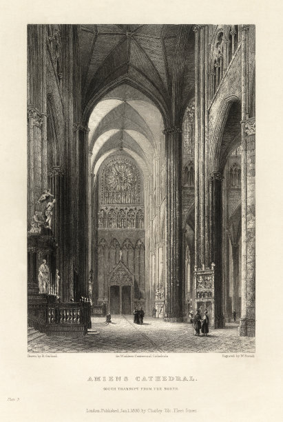 法国大教堂，亚眠大教堂，法国，古董法国版画，1837年图片下载