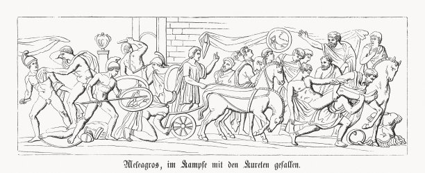 米勒格与库瑞特人的战斗，希腊神话，木刻，出版于1868年图片下载