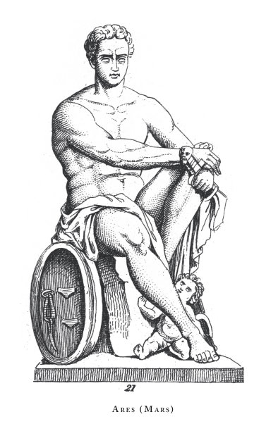 阿瑞斯(战神)，来自希腊和罗马神话的传奇场景和人物雕刻古董插图，出版于1851年图片下载