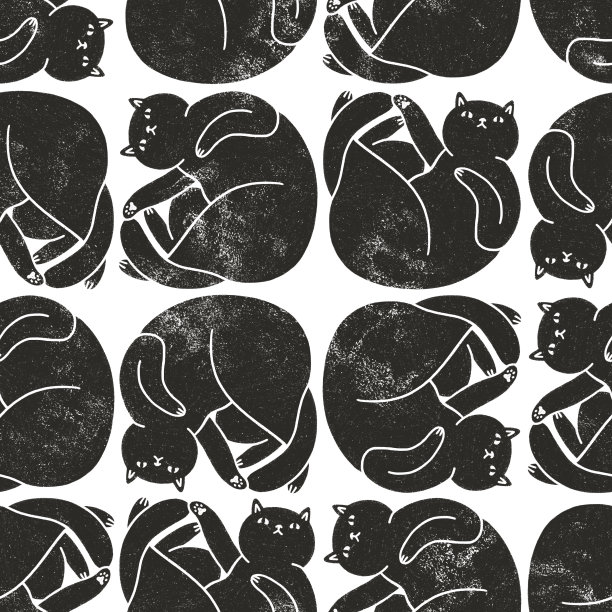 大黑懒猫，版画风格图案插图图片下载