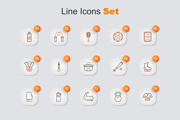 集线和服，重量，健美运动员显示他的肌肉，健身震动器，拳击手套，溜冰鞋，棒球棒与球和体育场的标志。向量图片下载