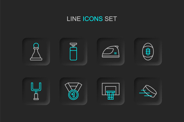 设置线冰球，篮球篮板，奖章，美式足球门柱，足球，赛车头盔，沙袋和国际象棋图标。向量图片下载